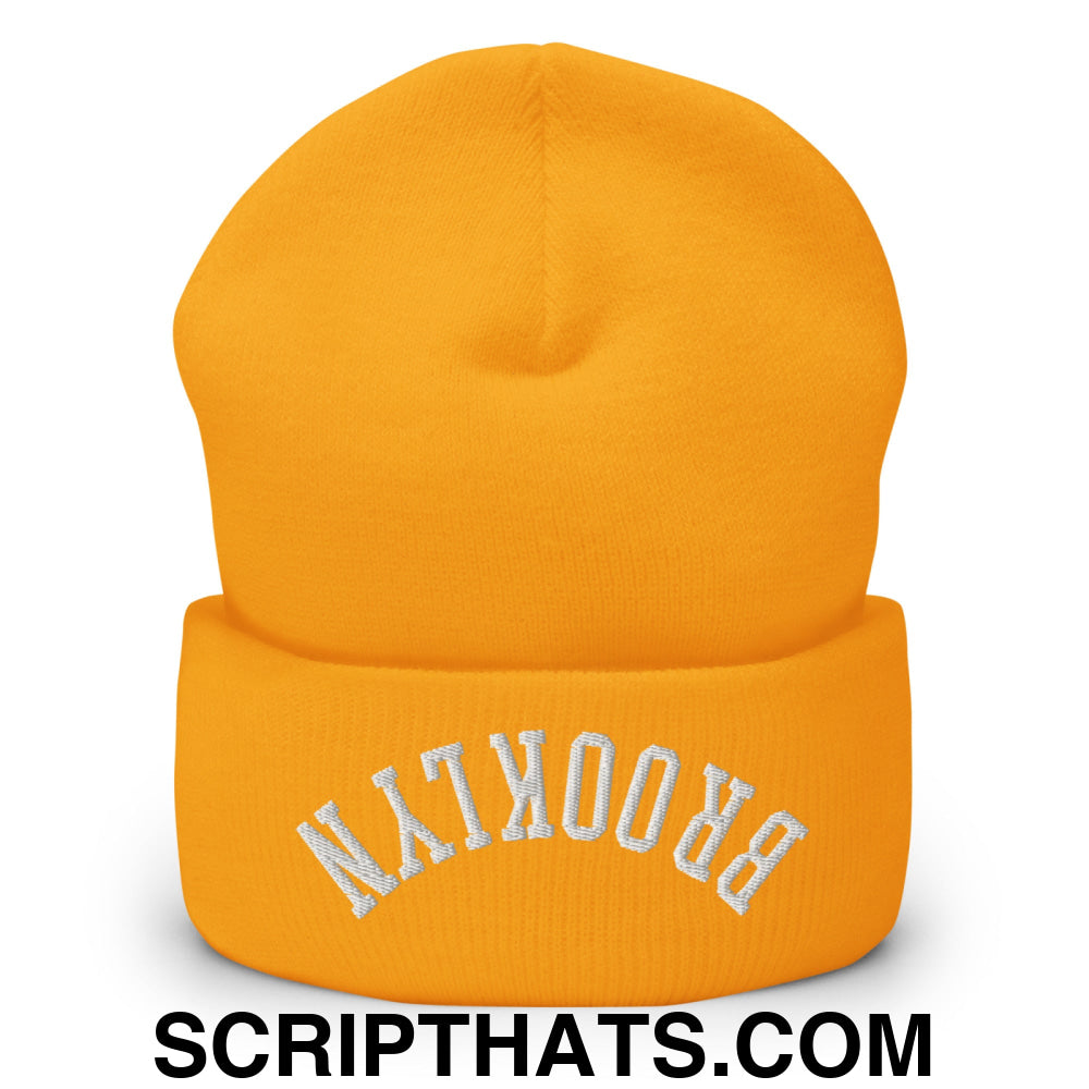 Upside Down Brooklyn Embroidered Cuffed Knit Beanie Gold