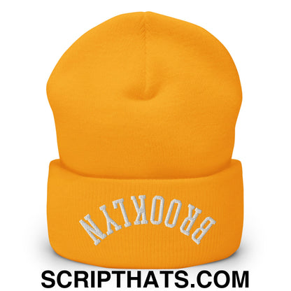 Upside Down Brooklyn Embroidered Cuffed Knit Beanie Gold