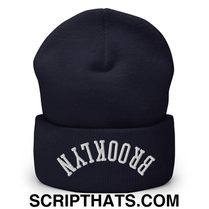 Upside Down Brooklyn Embroidered Cuffed Knit Beanie Navy