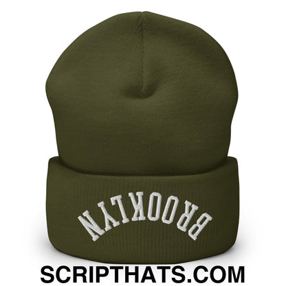 Upside Down Brooklyn Embroidered Cuffed Knit Beanie Olive