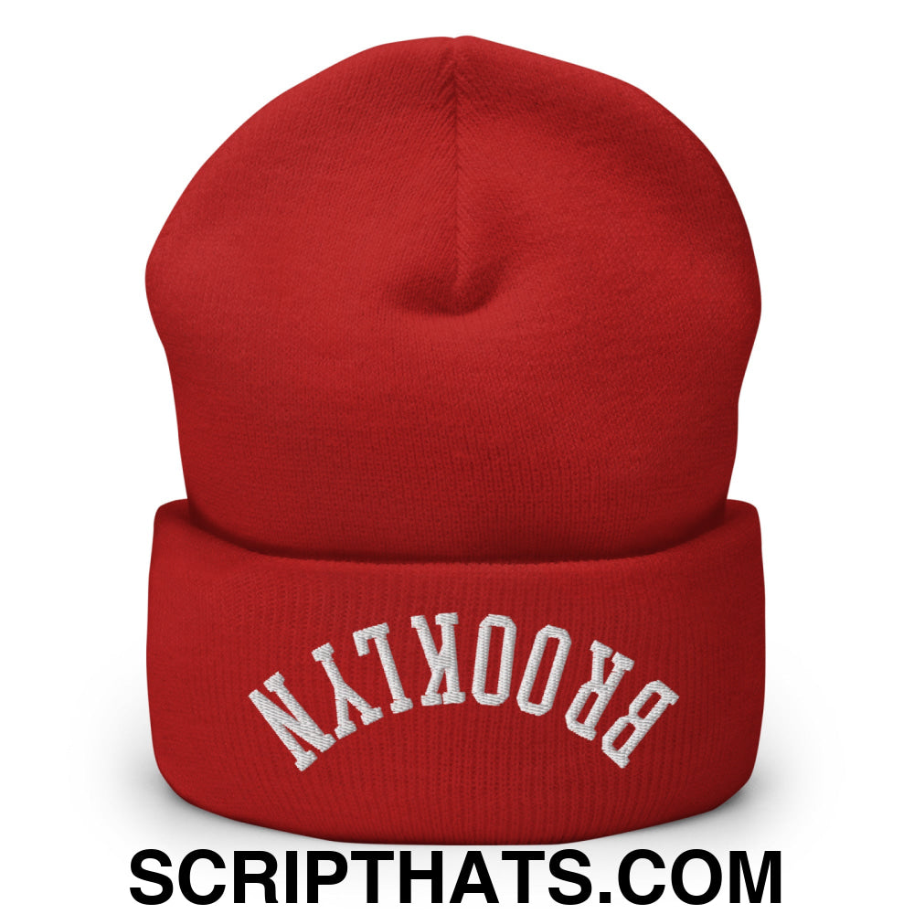 Upside Down Brooklyn Embroidered Cuffed Knit Beanie Red