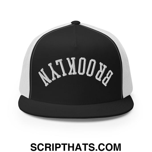 Black and white mesh trucker snapback hat with upside down brooklyn embroidered in textured silver letters