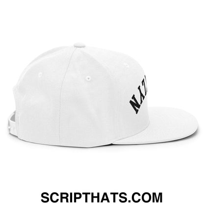 White snapback cap with black embroidered upside down brooklyn lettering on the side and flat bill brim