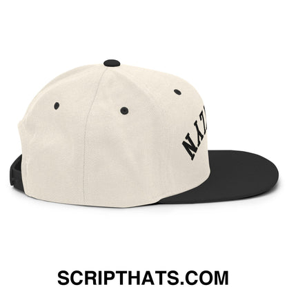 Off-white snapback cap with black flat bill brim and embroidered nat lettering from Upside Down Brooklyn collection