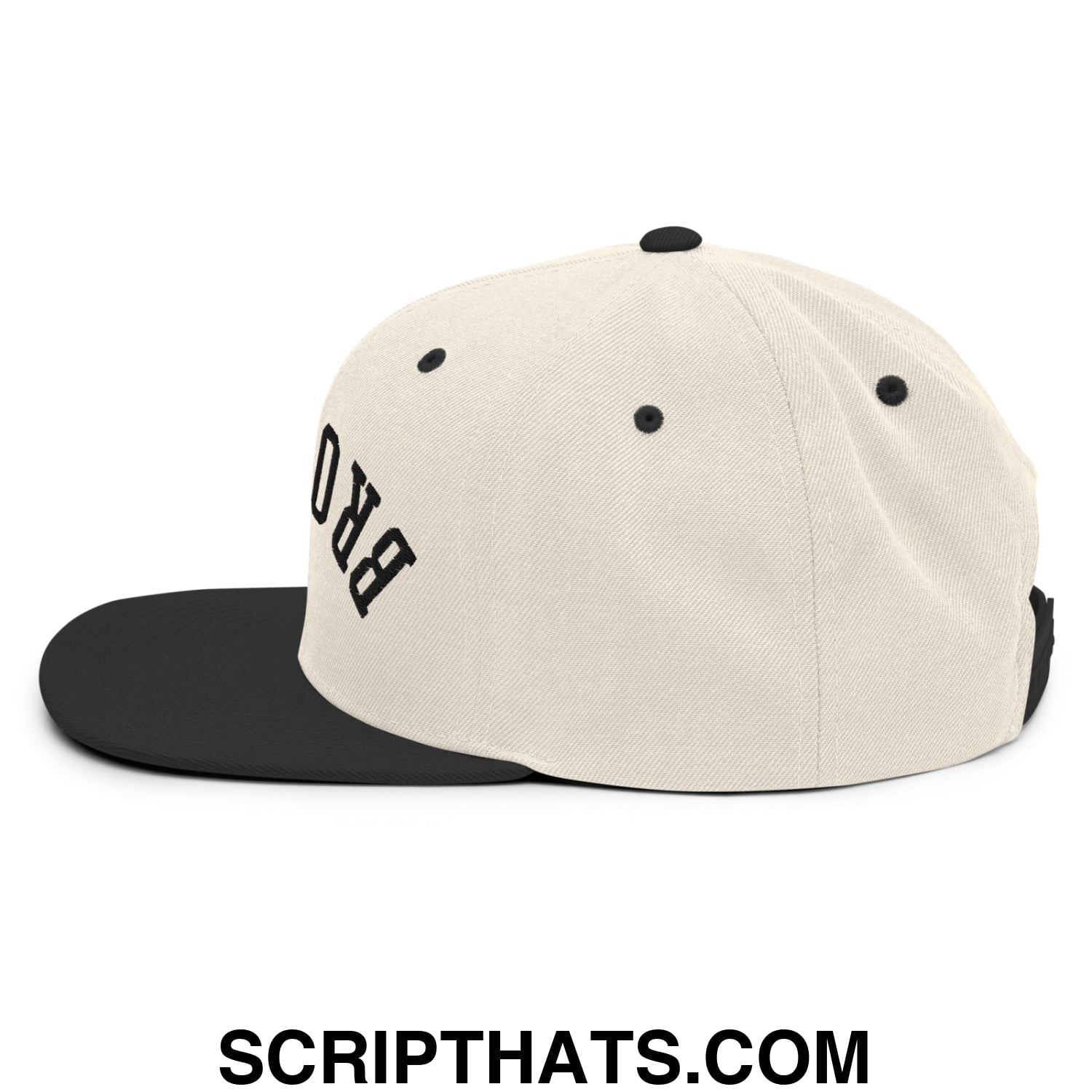 Off-white snapback cap with black flat bill brim and embroidered pro lettering upside down Brooklyn style