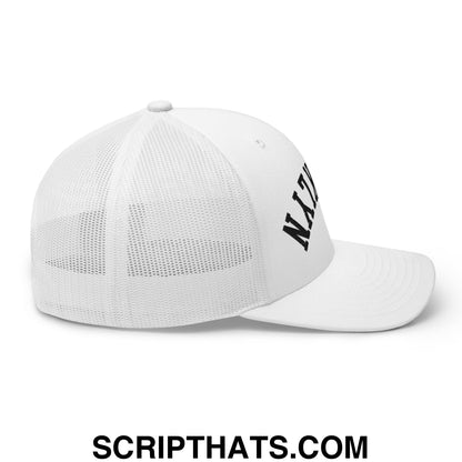 White mesh trucker hat with black upside down brooklyn embroidered lettering on the side