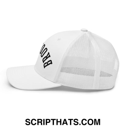 White trucker-style mesh hat with black embroidered booyah lettering on front panel upside down brooklyn design