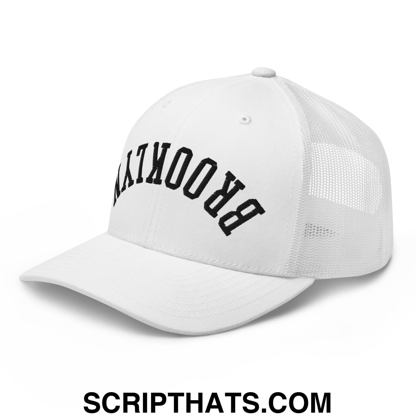 White mesh trucker hat with black brooklyn embroidered lettering in an arched design upside down style