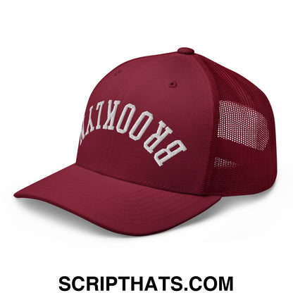 Upside Down Brooklyn Embroidered Mesh Trucker Hat Cranberry