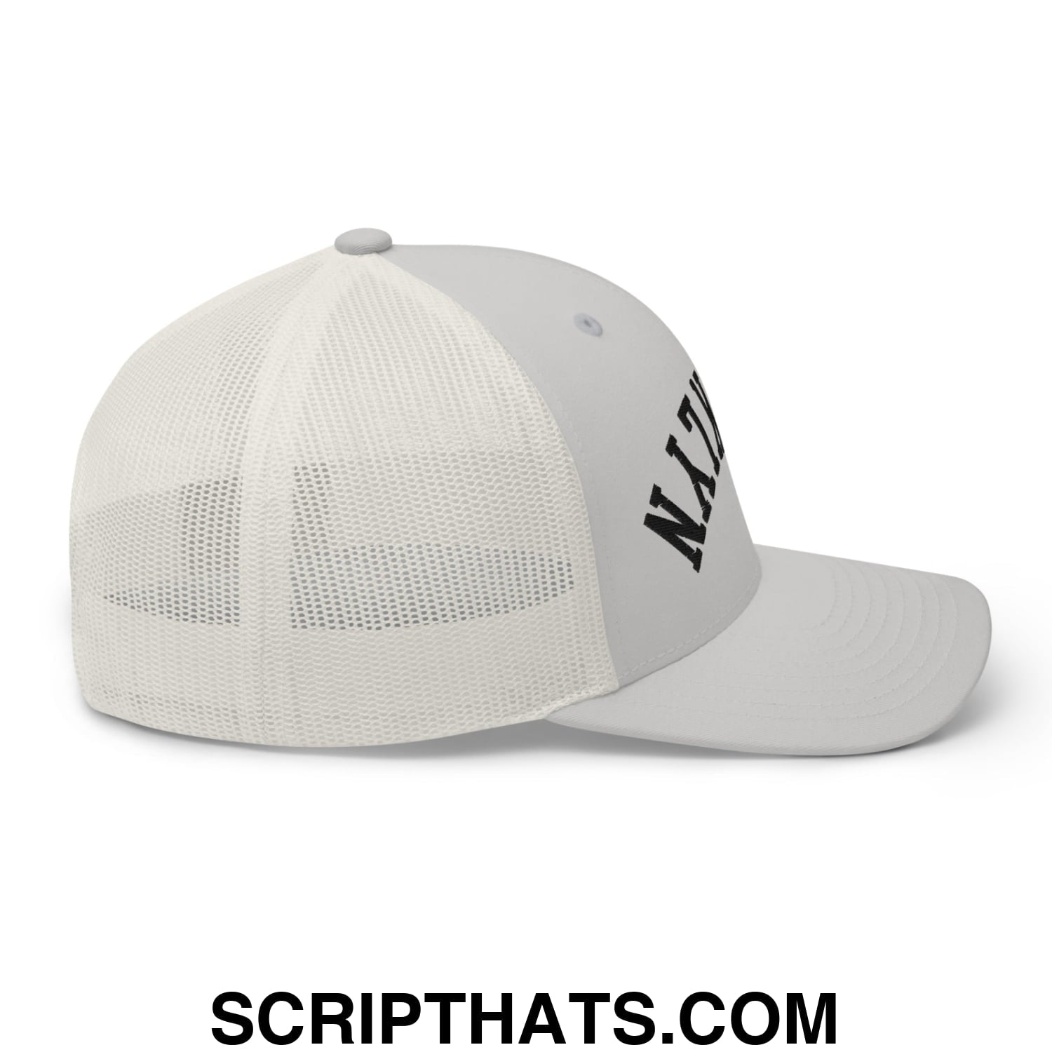 Gray upside down Brooklyn embroidered mesh trucker hat with white mesh back and black lettering on the side
