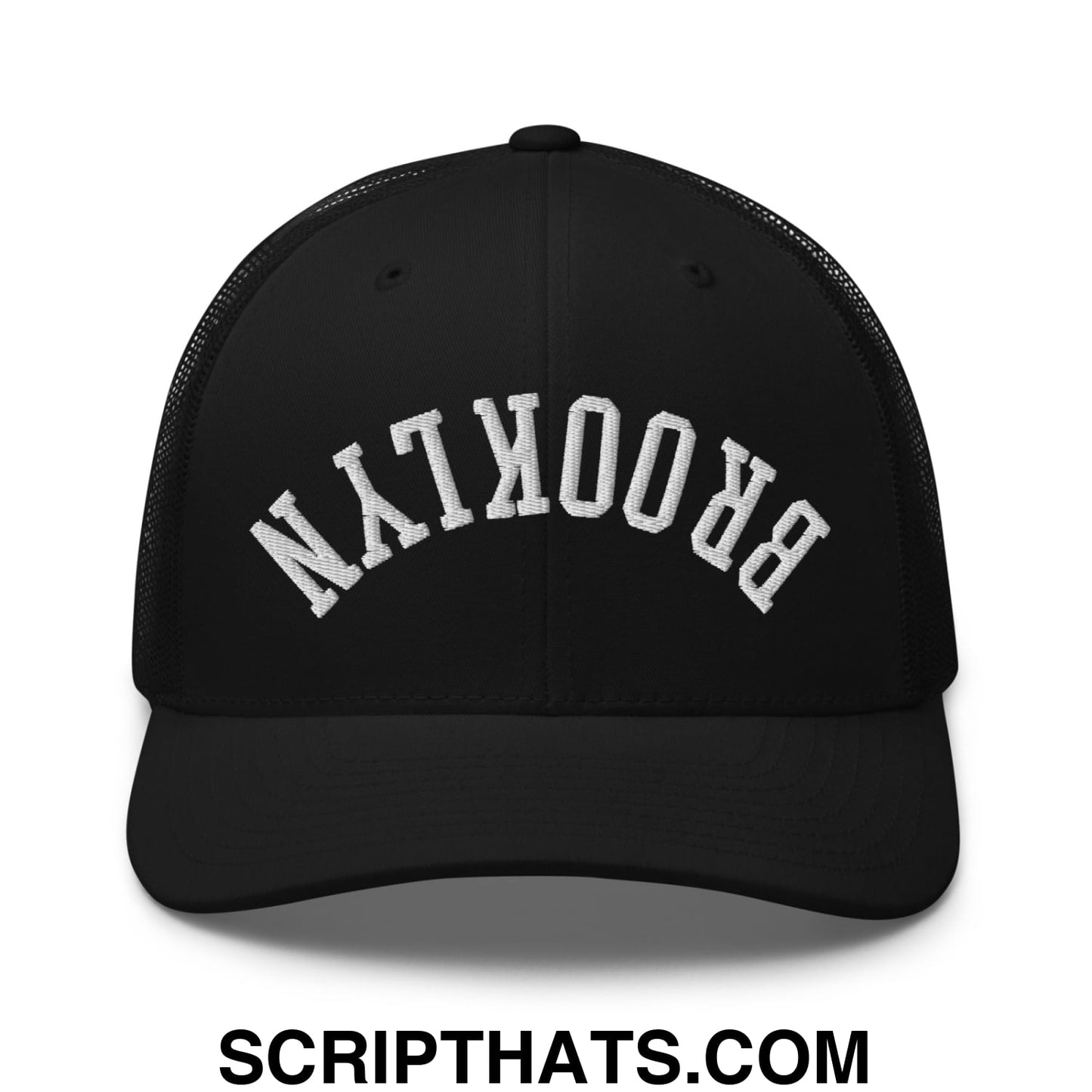 Upside Down Brooklyn Embroidered Mesh Trucker Hat Black