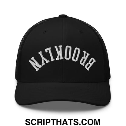 Upside Down Brooklyn Embroidered Mesh Trucker Hat Black