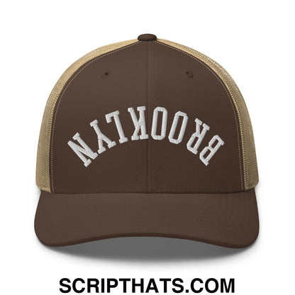 Upside Down Brooklyn Embroidered Mesh Trucker Hat Brown Khaki