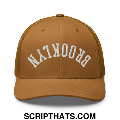 Upside Down Brooklyn Embroidered Mesh Trucker Hat Caramel