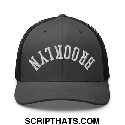 Upside Down Brooklyn Embroidered Mesh Trucker Hat Charcoal Black