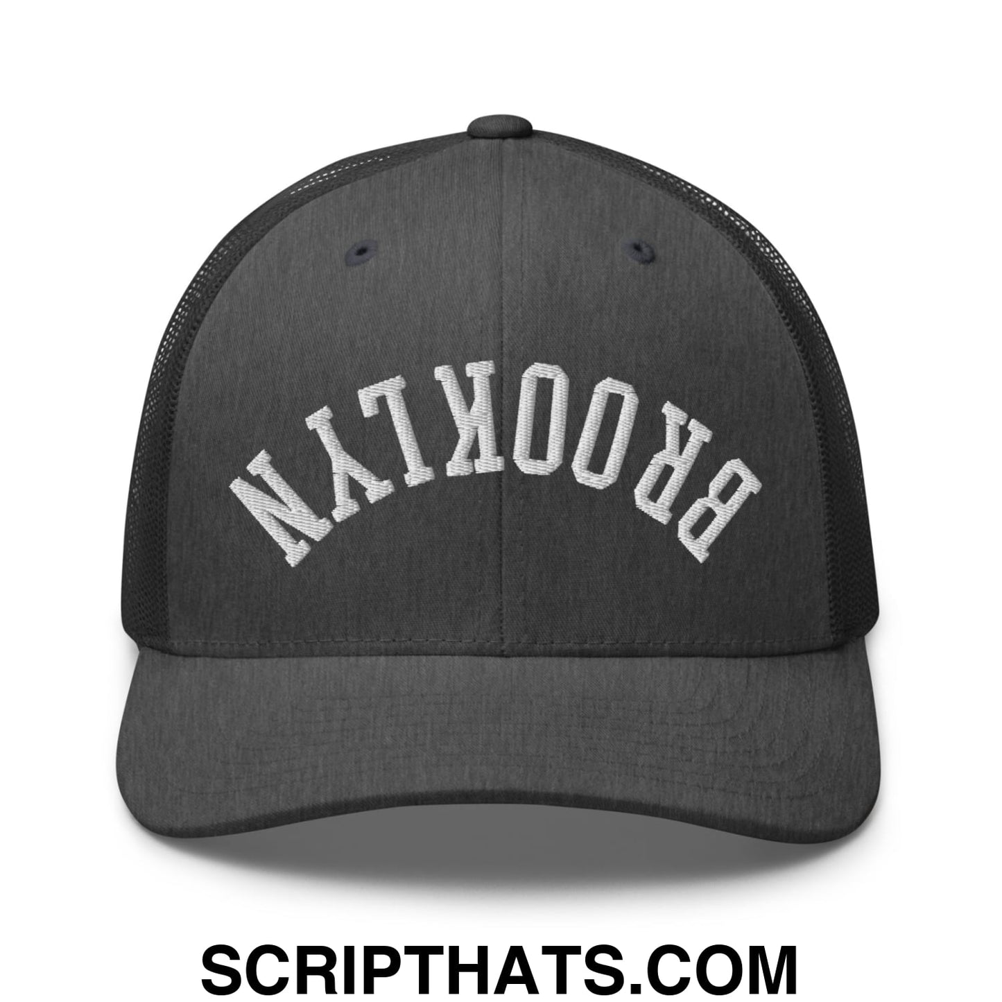 Upside Down Brooklyn Embroidered Mesh Trucker Hat Dark Heather Gray