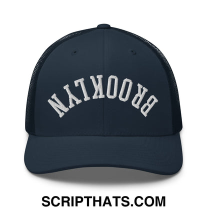 Upside Down Brooklyn Embroidered Mesh Trucker Hat Navy