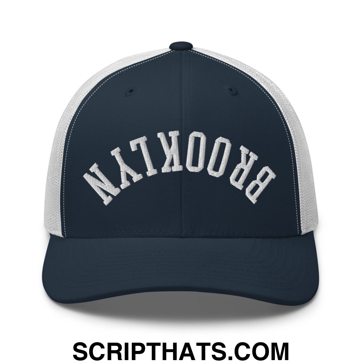Upside Down Brooklyn Embroidered Mesh Trucker Hat Navy White