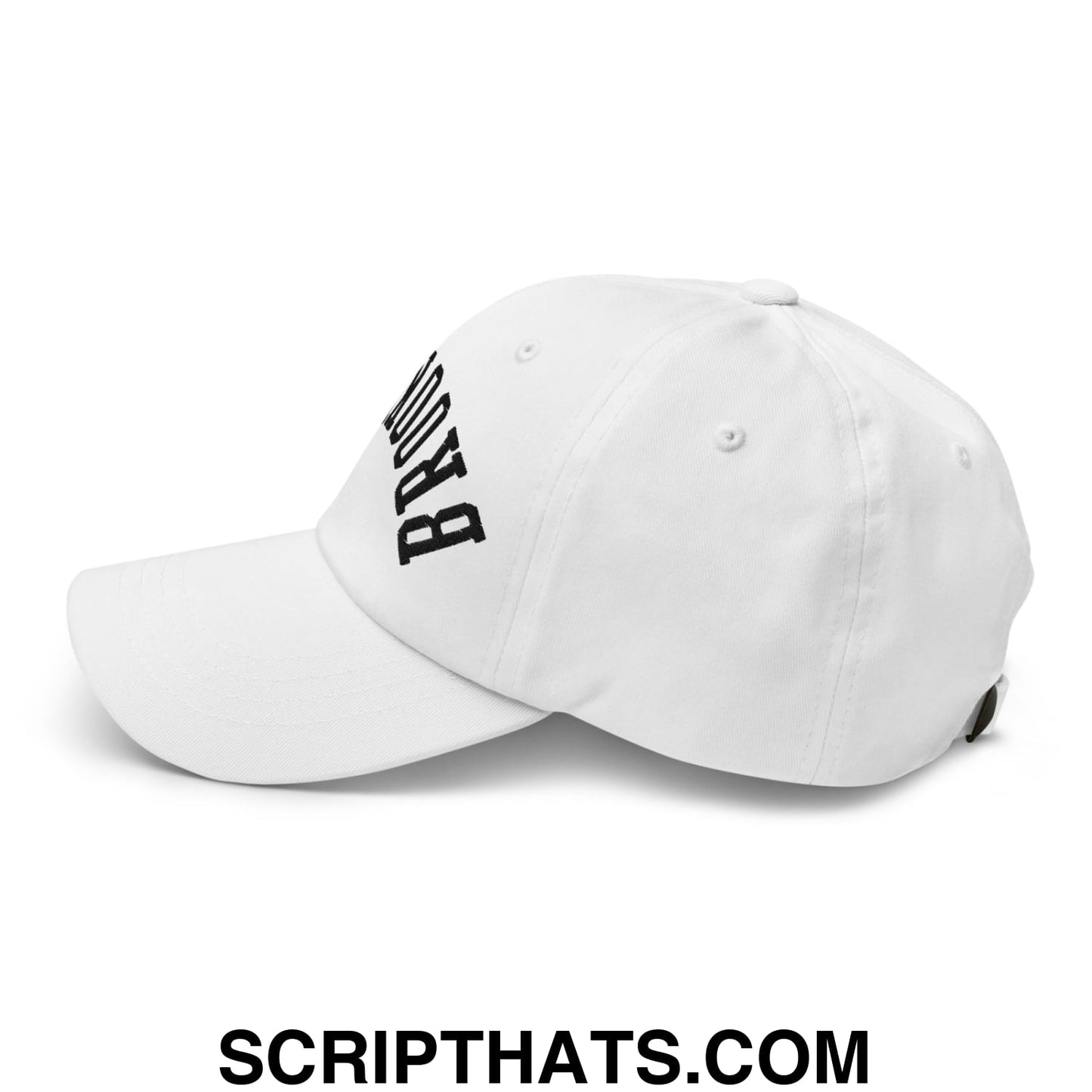 White unstructured dad hat with black embroidered upside down brooklyn lettering on the side
