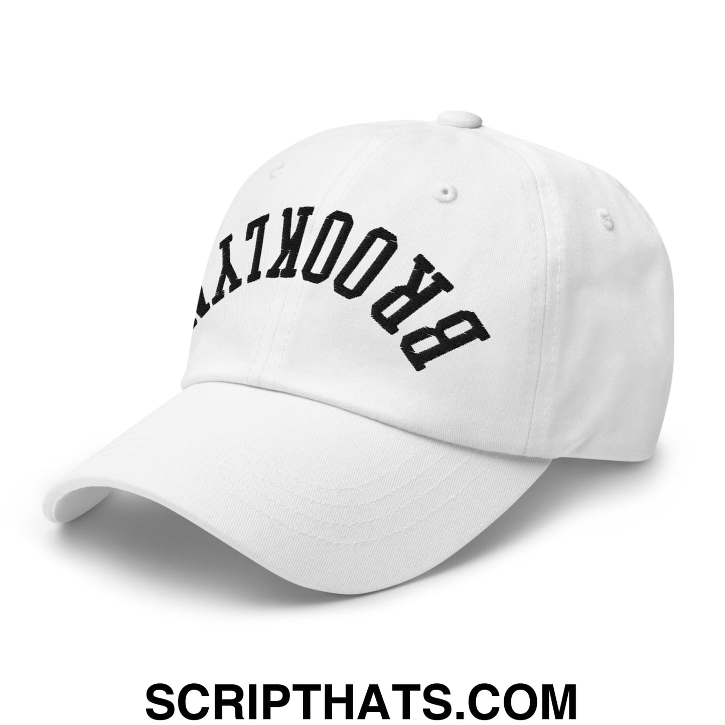 White unstructured dad hat with black arched brooklyn embroidery upsidedown design baseball cap