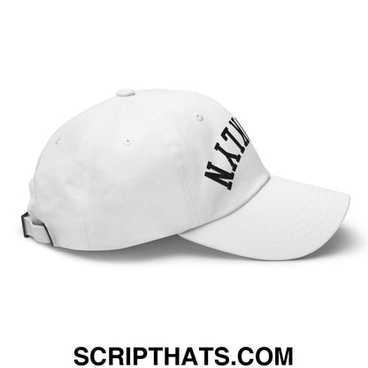 White unstructured dad hat with black embroidered nyc lettering on the side from upside down brooklyn collection