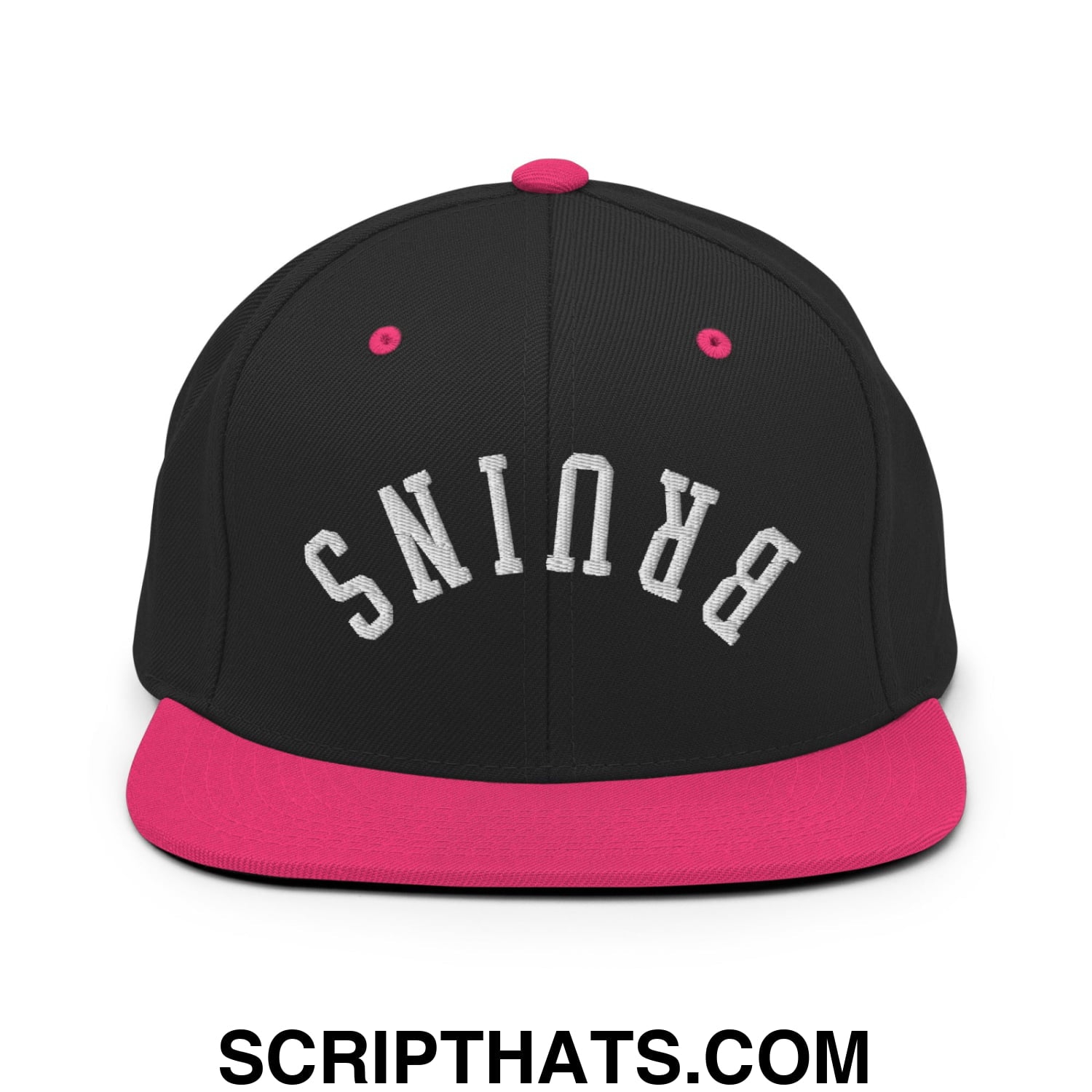 Black snapback cap with vibrant pink flat bill and button featuring white brunis embroidered in arched lettering