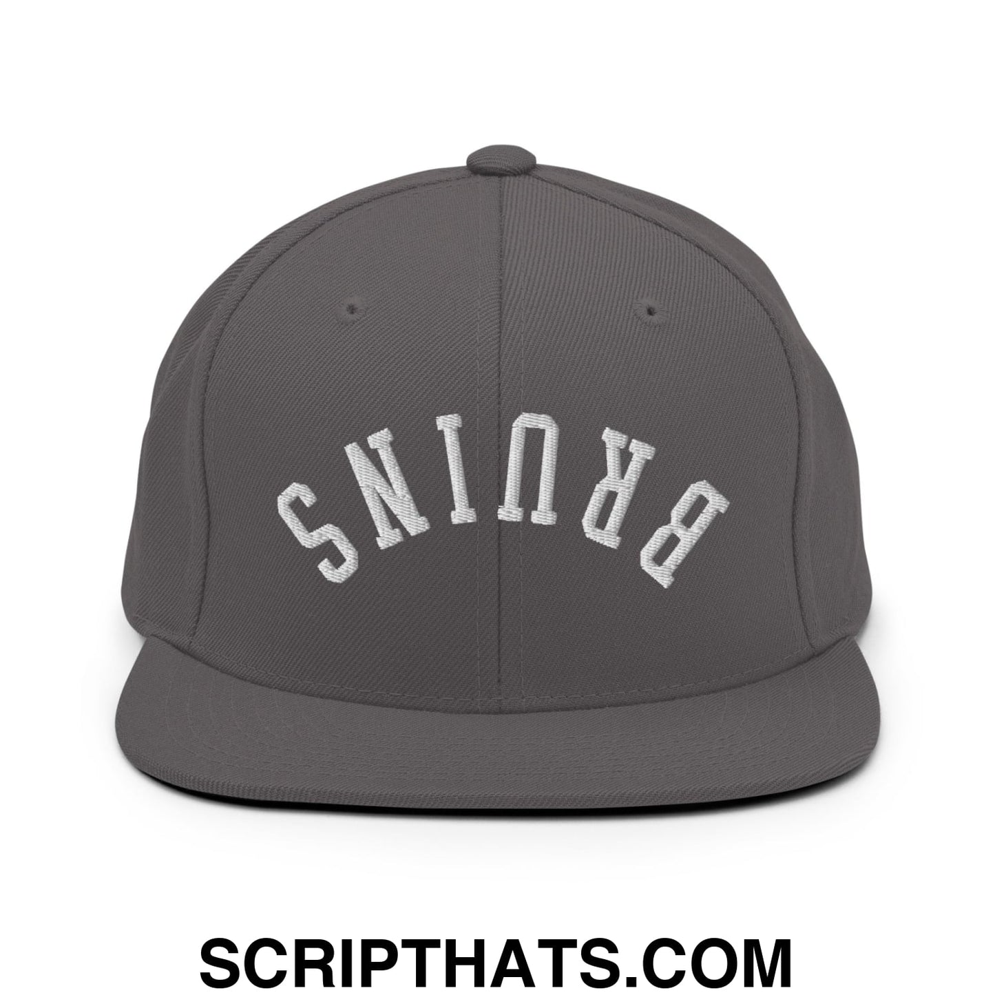 Gray snapback hat with white embroidered bruins lettering in an arched design and flat bill brim