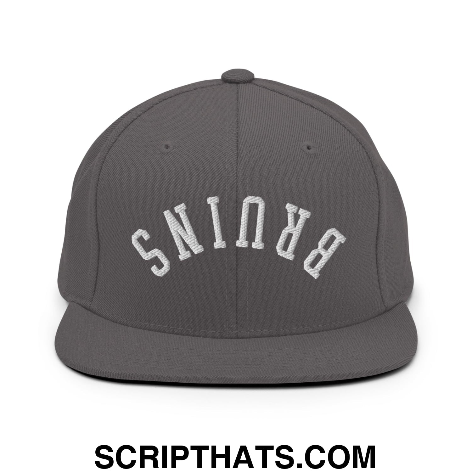 Gray snapback hat with white embroidered bruins lettering in an arched design and flat bill brim