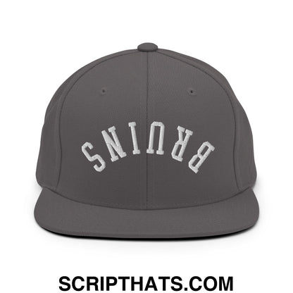 Gray snapback hat with white embroidered bruins lettering in an arched design and flat bill brim