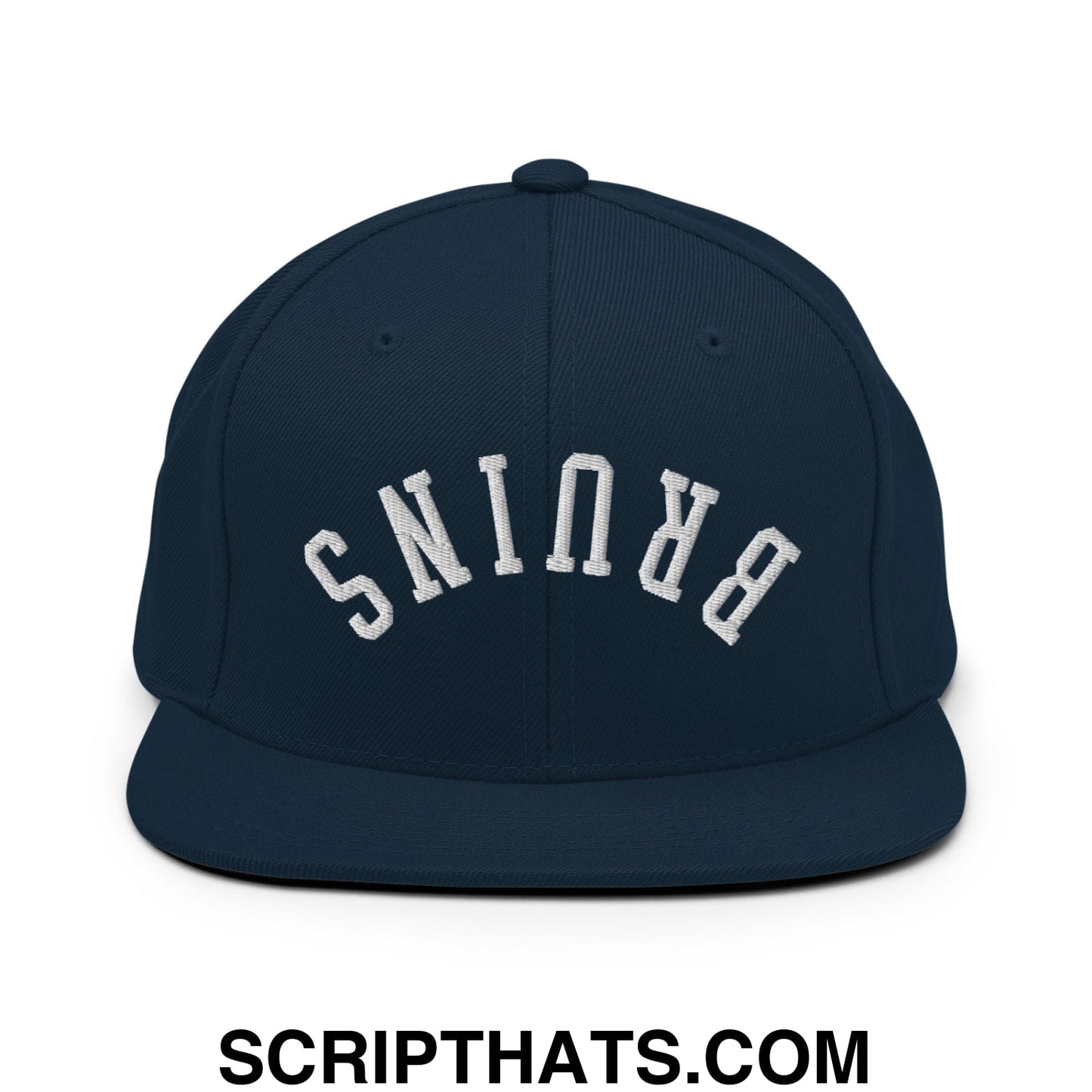 Navy blue snapback cap with white upside down bruins embroidered flat bill brim for casual wear