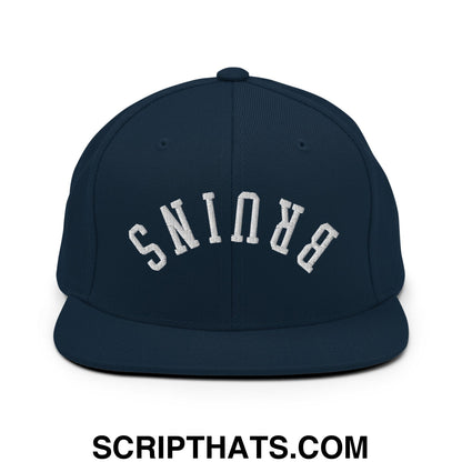 Navy blue snapback cap with white upside down bruins embroidered flat bill brim for casual wear