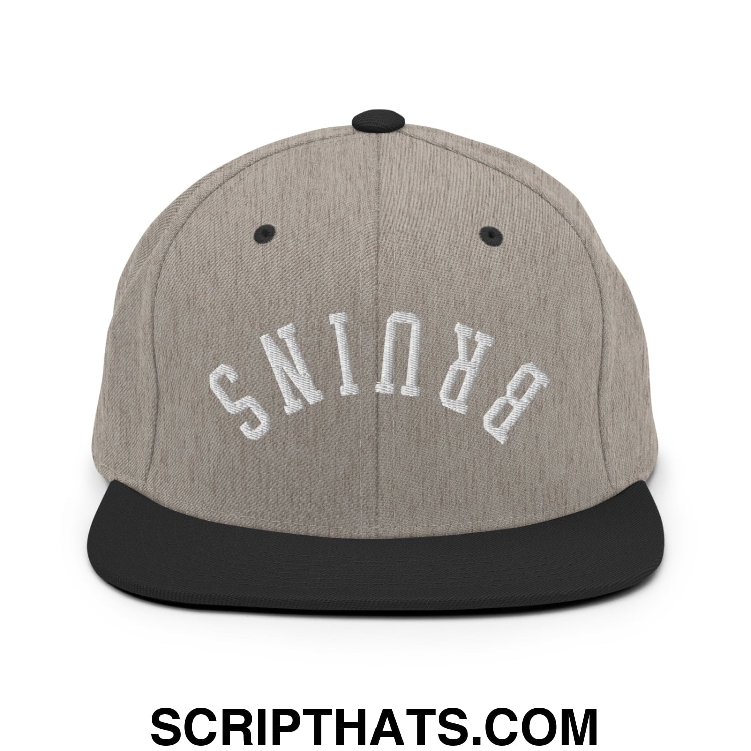 Gray and black snapback hat with white embroidered bruins lettering and flat bill brim in upside down design