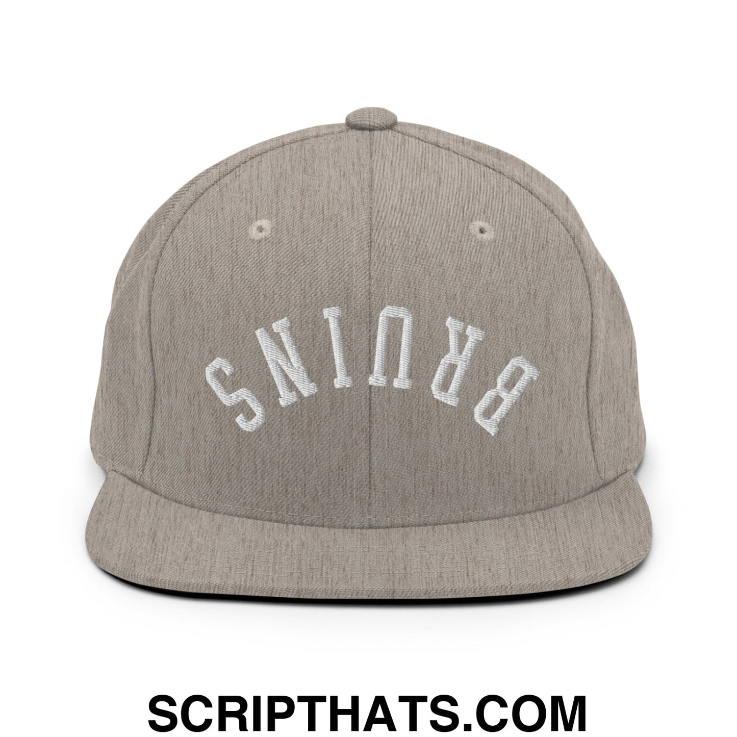 Gray heather snapback cap with white embroidered brunis lettering and flat bill brim for casual wear