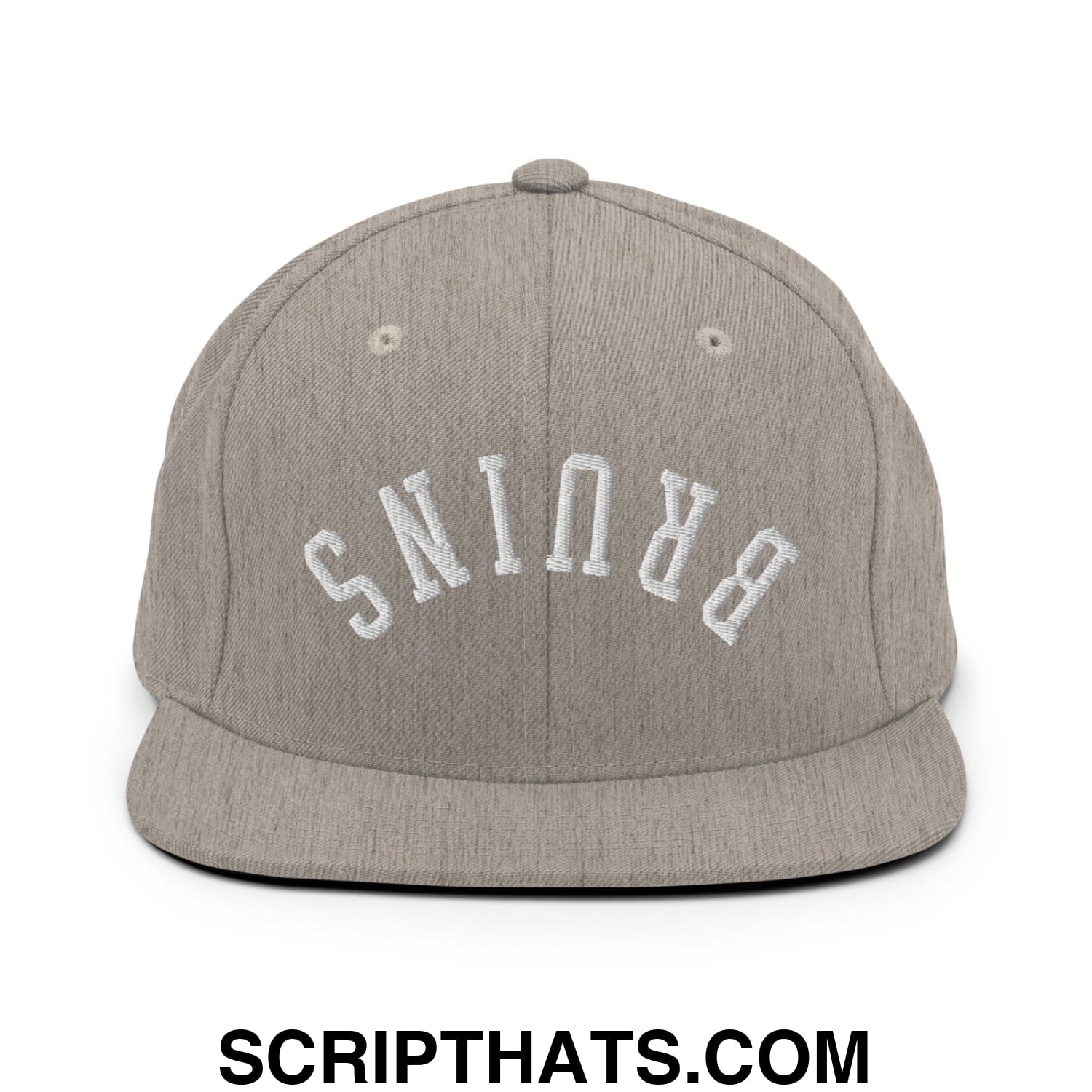 Gray heather snapback cap with white embroidered brunis lettering and flat bill brim for casual wear