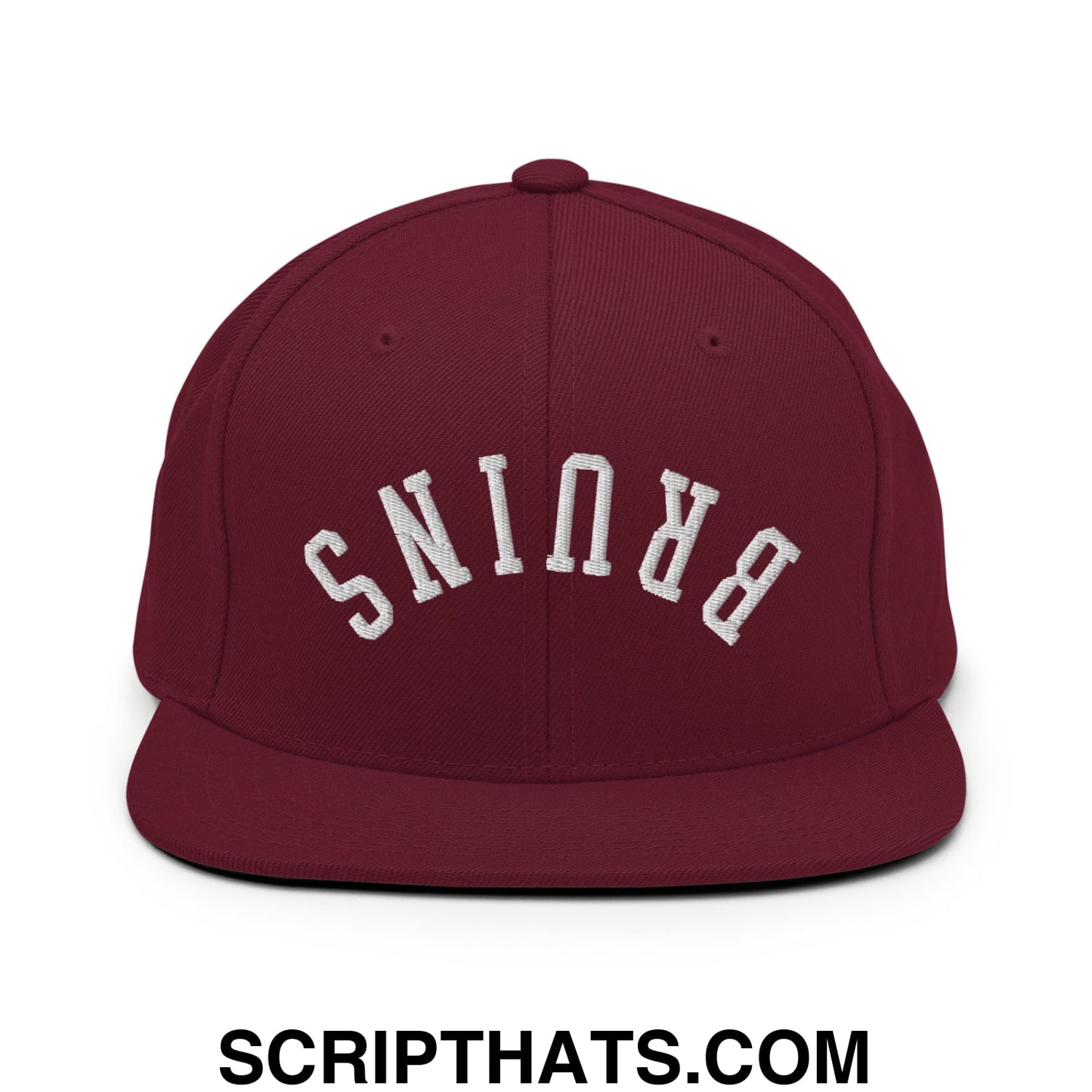 Maroon snapback cap with white arched brunis embroidery and flat bill brim in upside down bruins design