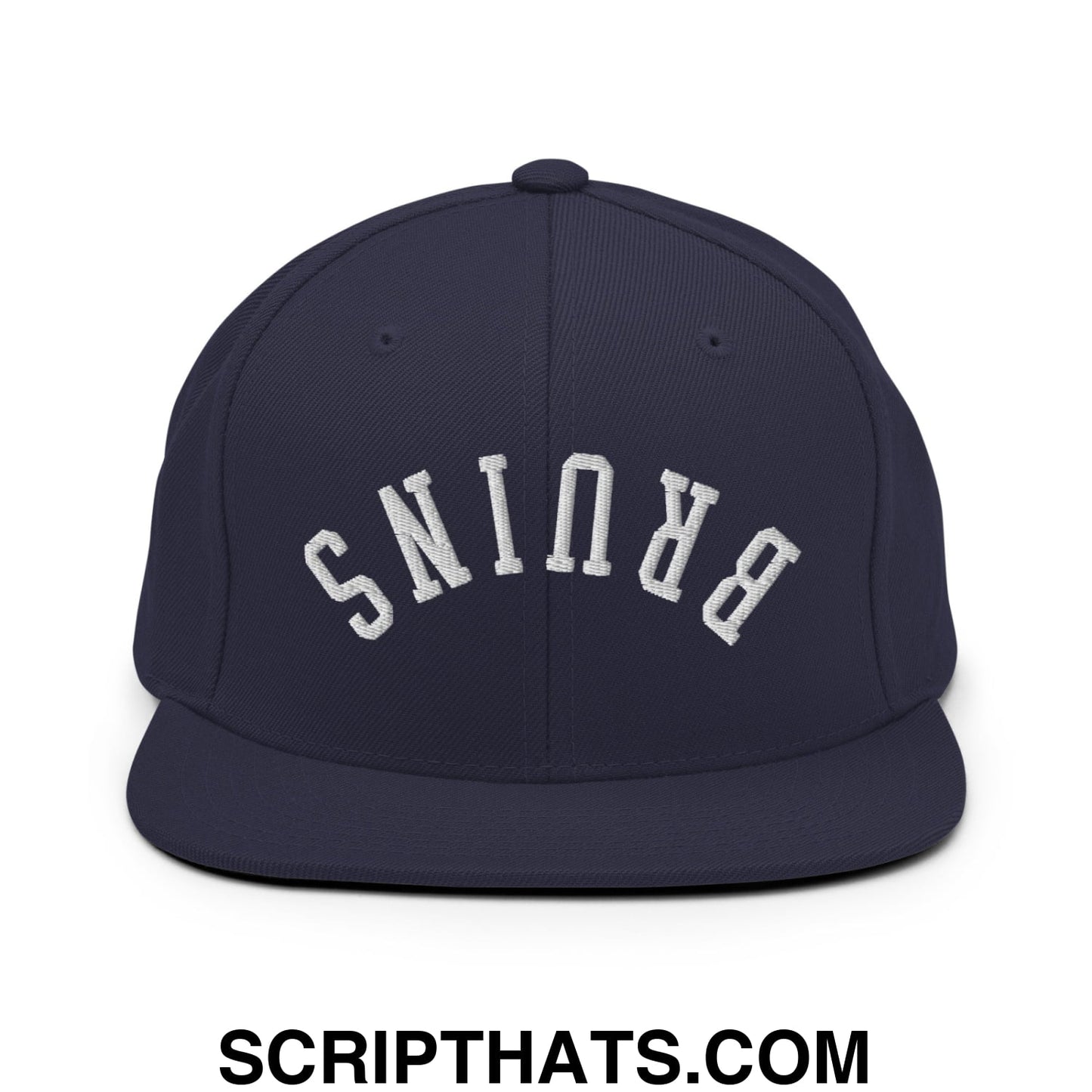 Navy blue snapback cap with white upside down bruin embroidered flat bill brim for casual wear