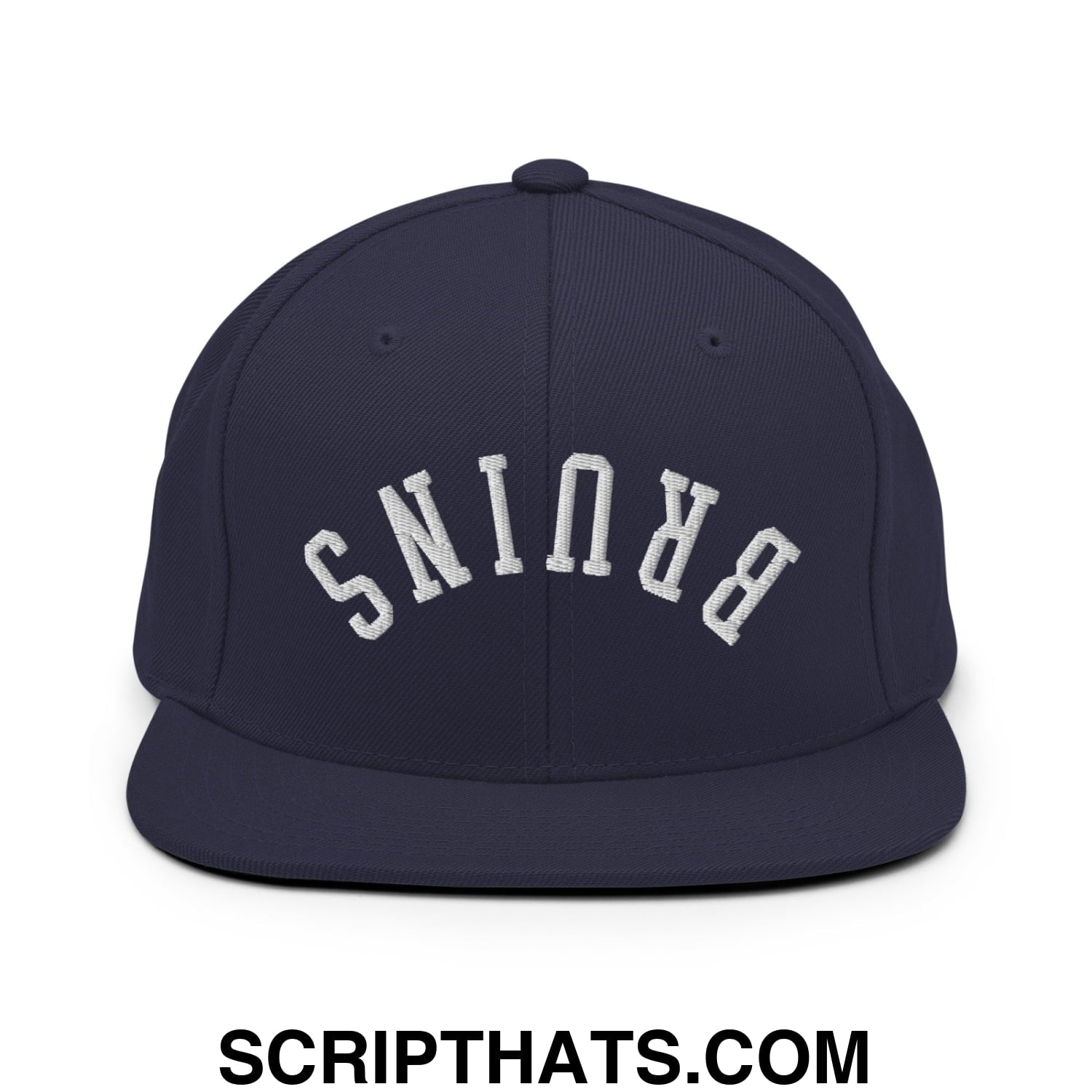 Navy blue snapback cap with white upside down bruin embroidered flat bill brim for casual wear