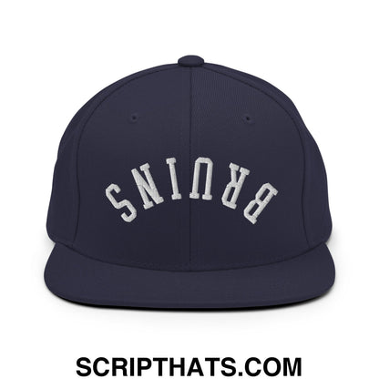 Navy blue snapback cap with white upside down bruin embroidered flat bill brim for casual wear