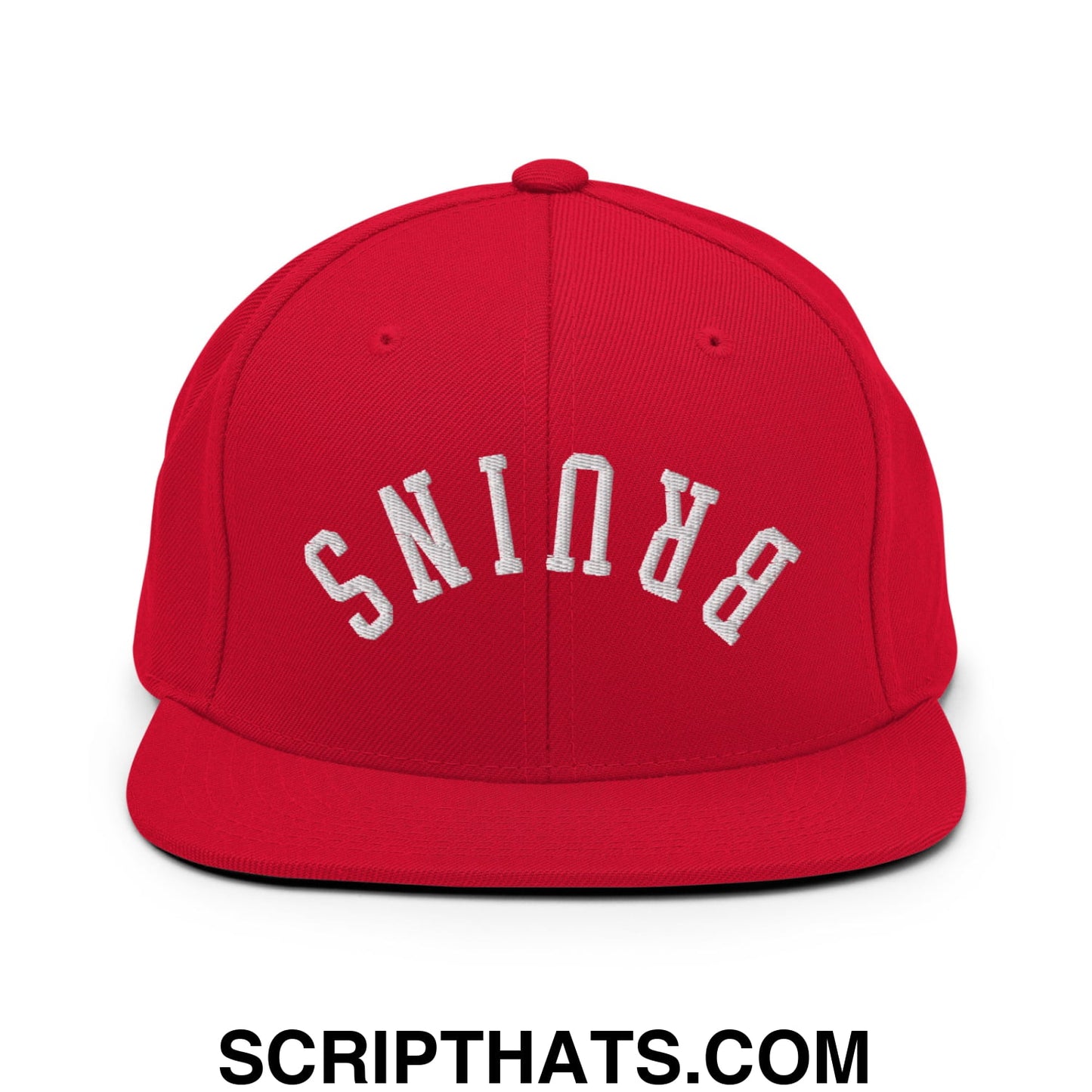 Red snapback cap with white embroidered bruins lettering and flat bill brim in a sporty design