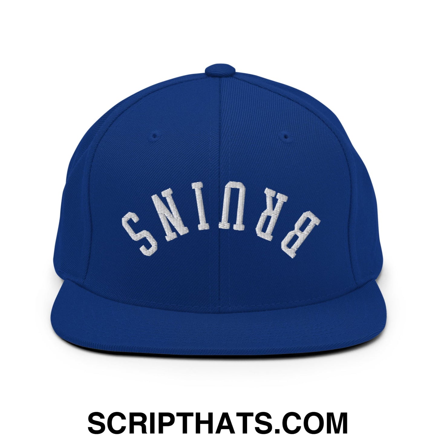 Royal blue snapback hat with white embroidered brunis lettering and flat bill brim for casual wear