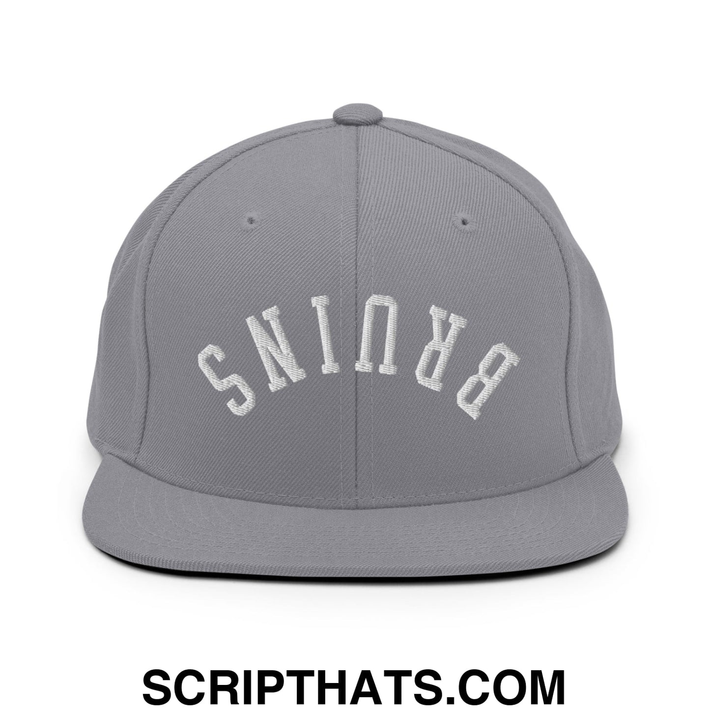 Gray snapback hat with white embroidered brunis arched lettering and a flat bill brim in an upside down design