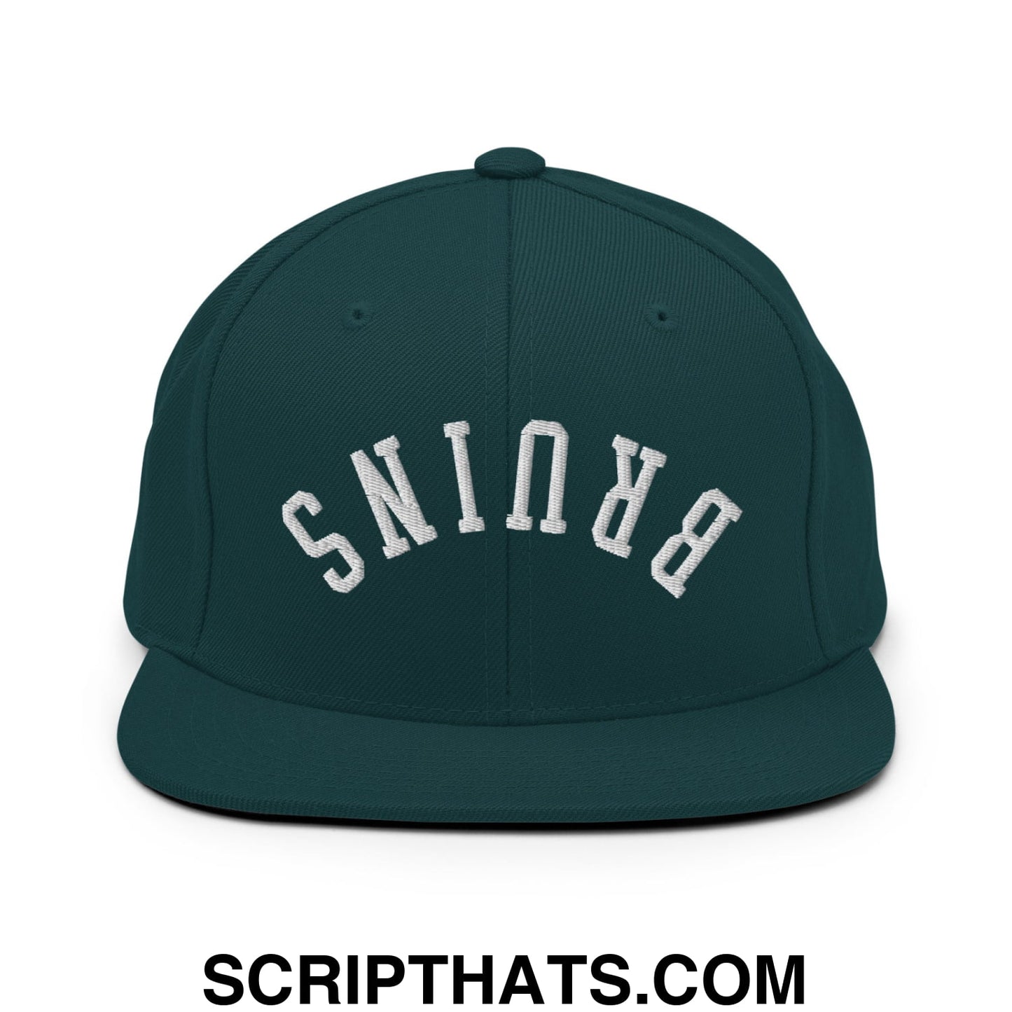 Dark green snapback cap with white upside down bruins embroidered flat bill brim for casual wear