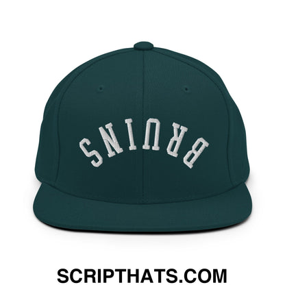 Dark green snapback cap with white upside down bruins embroidered flat bill brim for casual wear