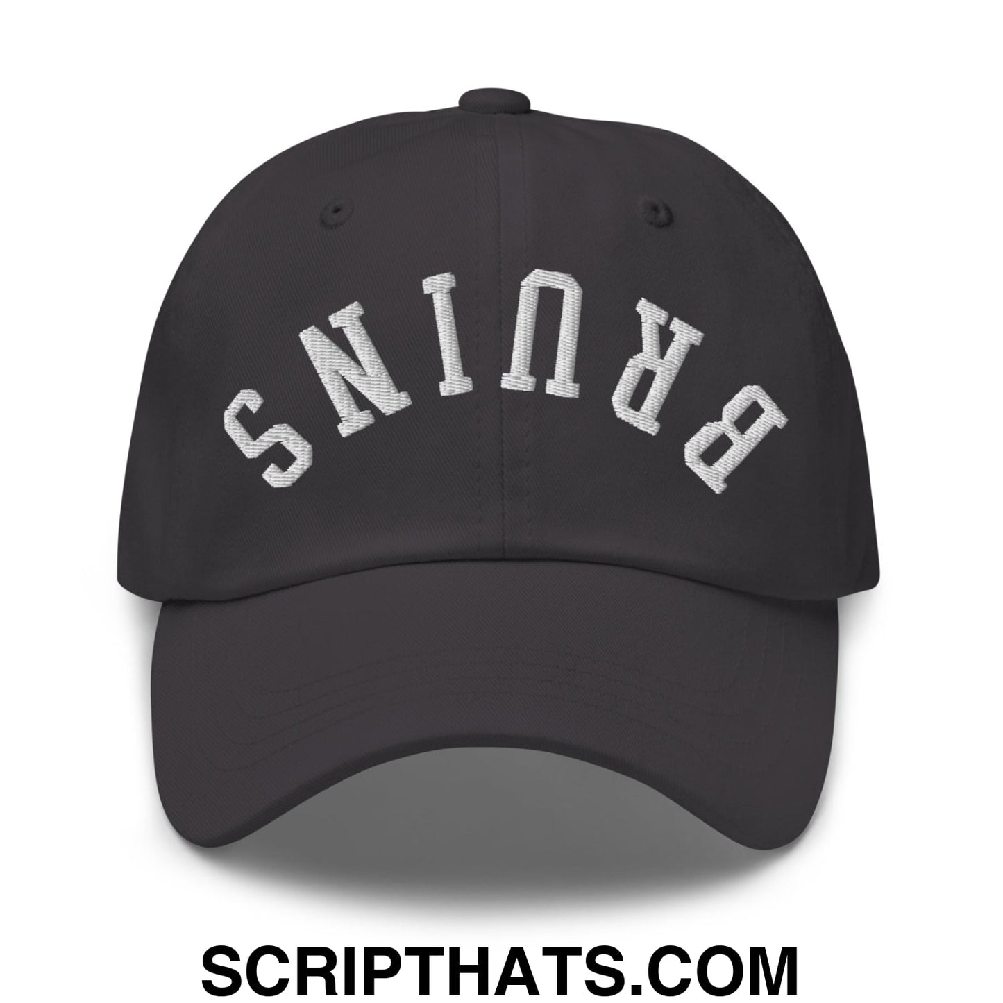 Black unstructured dad hat with white embroidered brunswick lettering in an arched design for casual wear