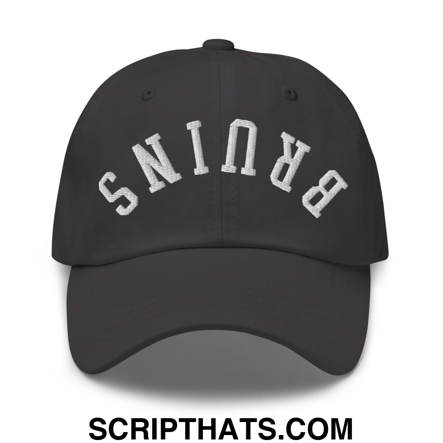 Black unstructured dad hat with white embroidered brunswick lettering in an arched design for casual wear
