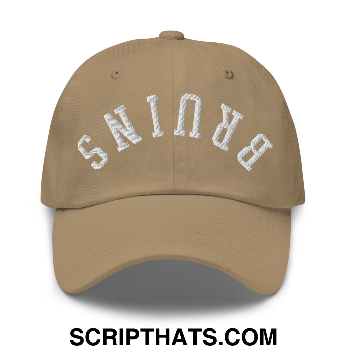 Tan upside down bruin unstructured dad hat with white embroidered brunswick lettering across the front