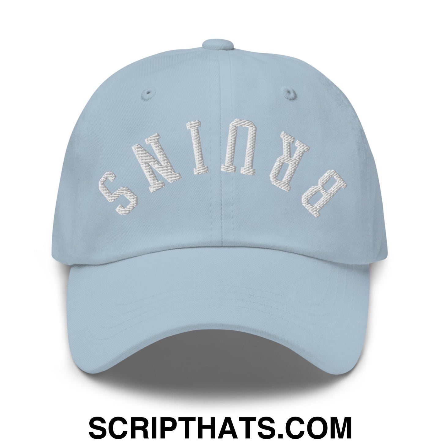 Light blue unstructured dad hat with white embroidered brunes lettering perfect for casual wear
