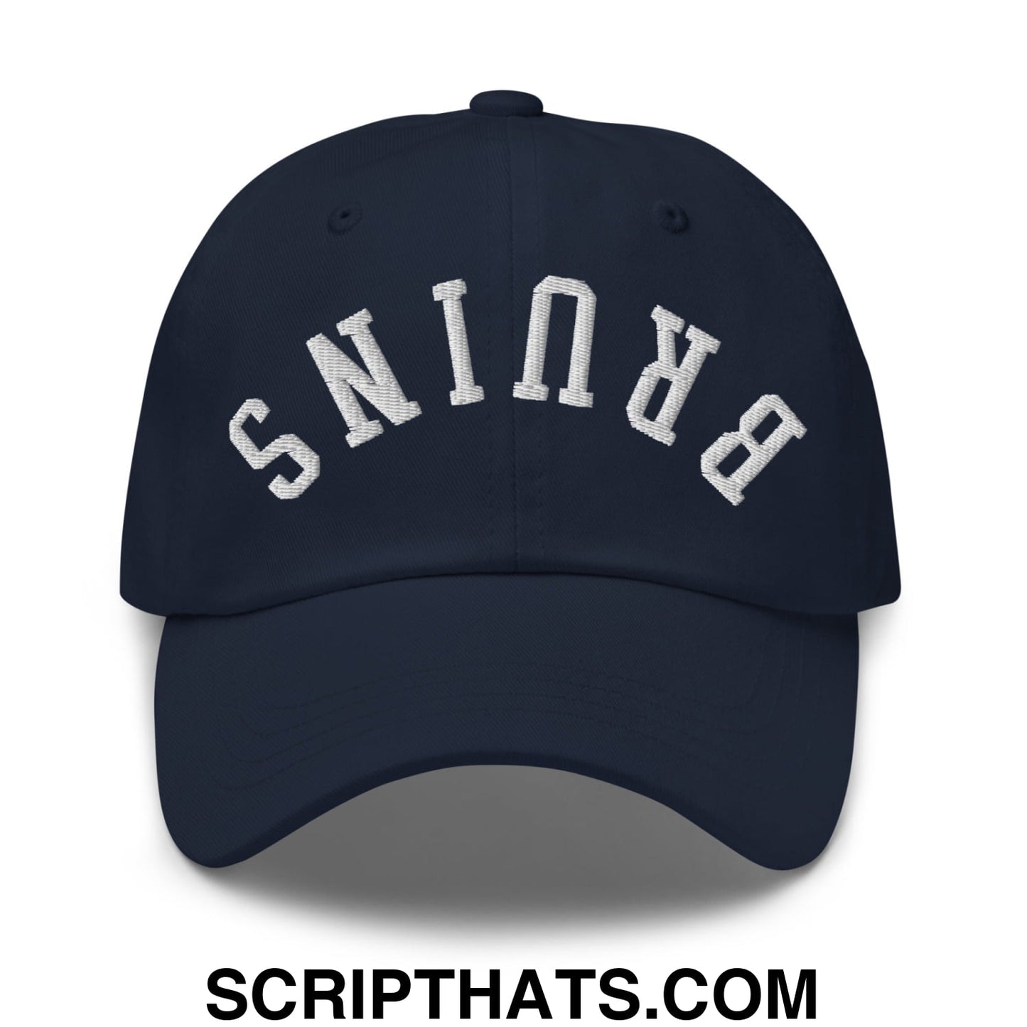 Navy blue upside down Bruins embroidered unstructured dad hat with white arched Brunswick lettering on front