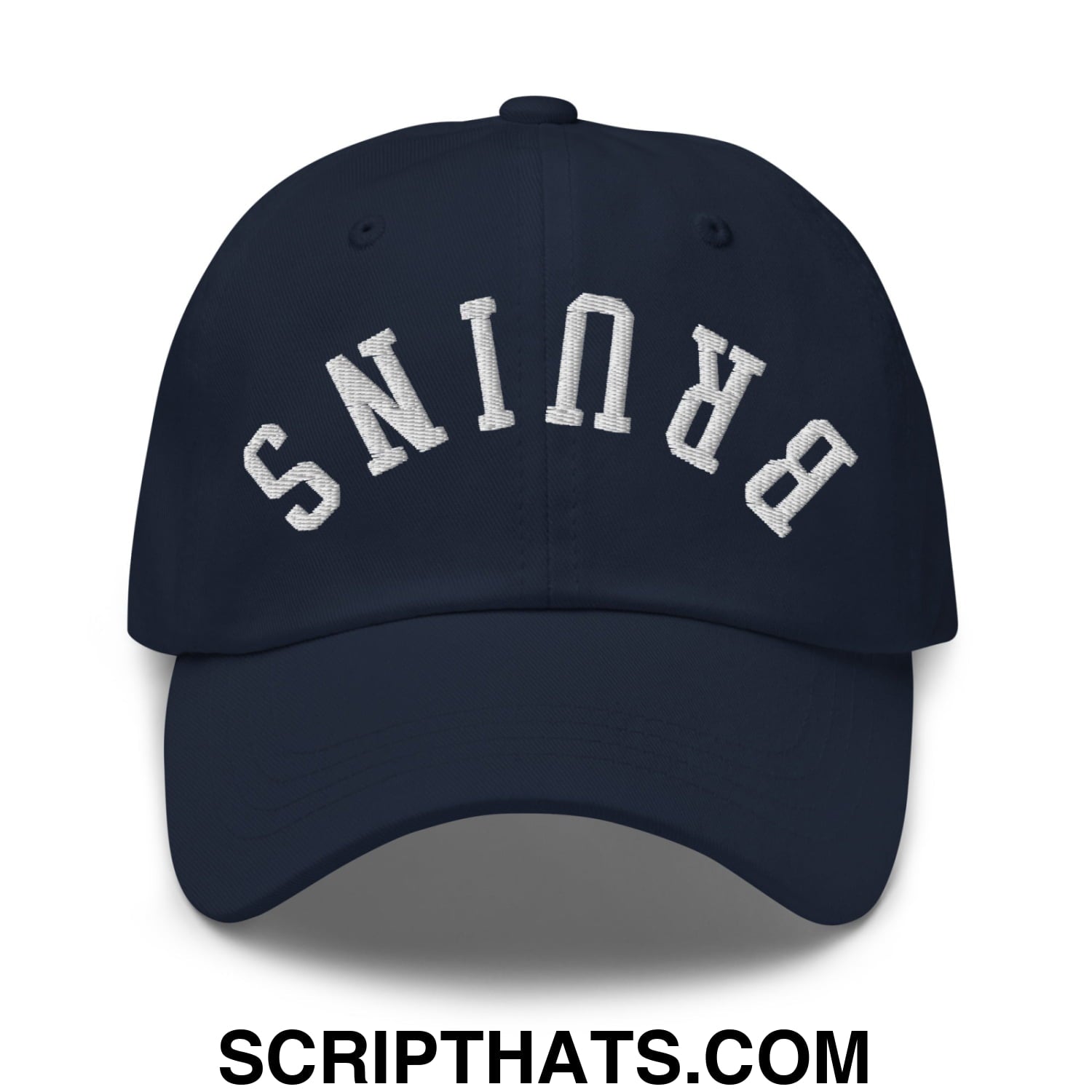 Navy blue upside down Bruins embroidered unstructured dad hat with white arched Brunswick lettering on front