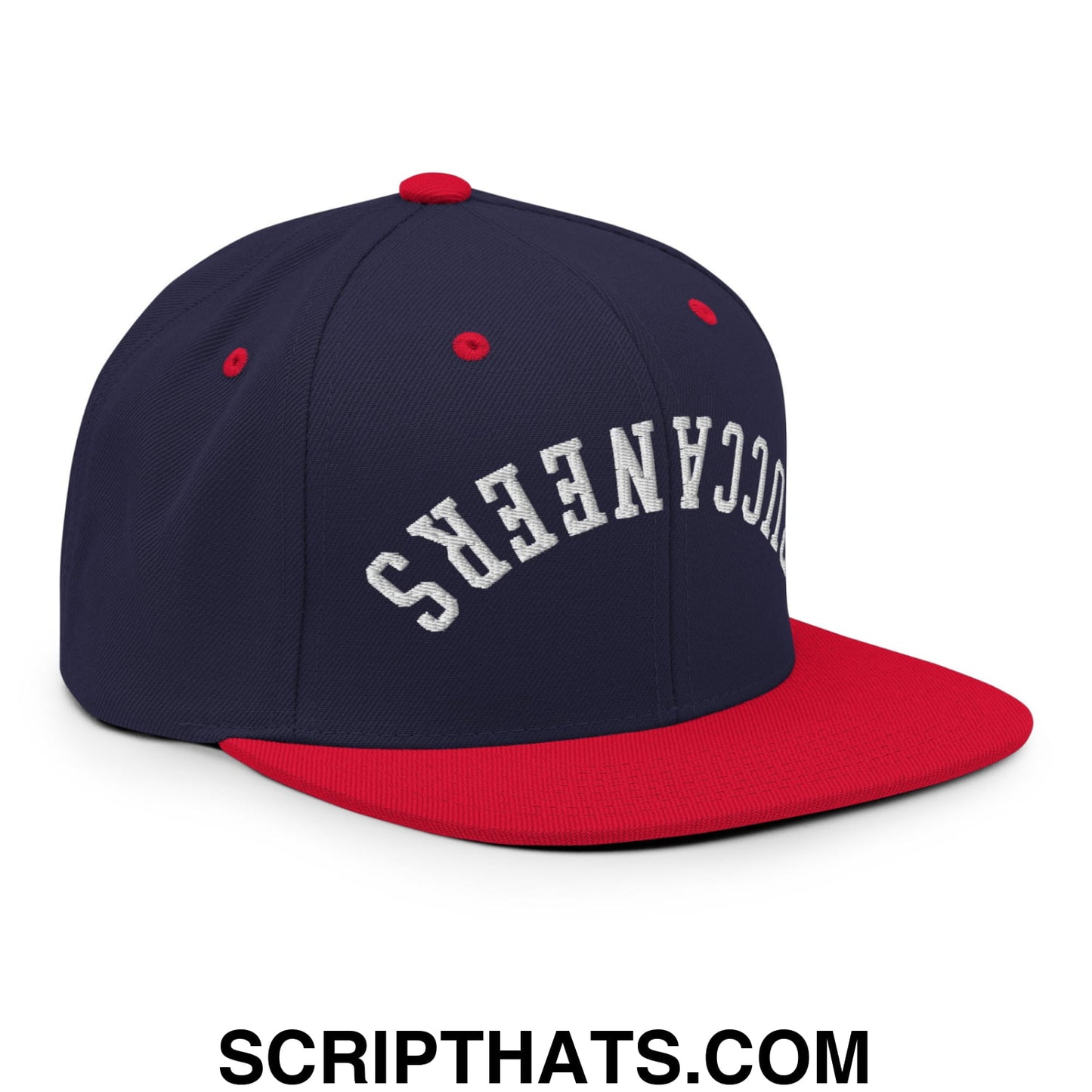 Navy blue and red snapback cap with white embroidered buccaneers lettering and a flat bill brim for casual wear